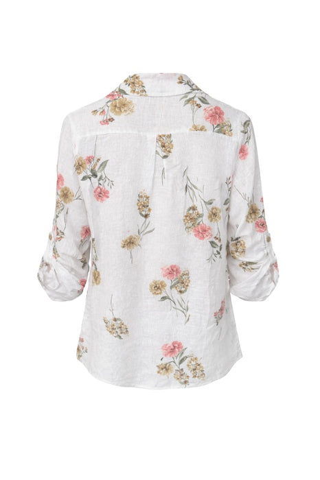 Long-sleeved linen blouse white red/yellow/green floral pattern - One Size