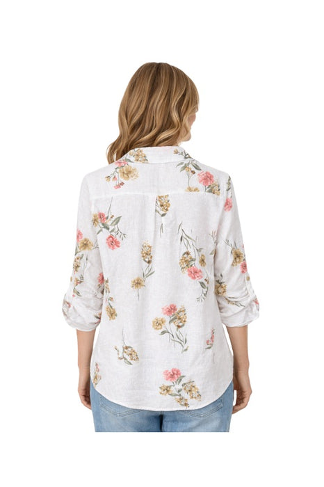 Long-sleeved linen blouse white red/yellow/green floral pattern - One Size