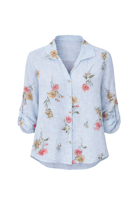 Linen blouse long sleeve light blue floral red/yellow/green - One Size