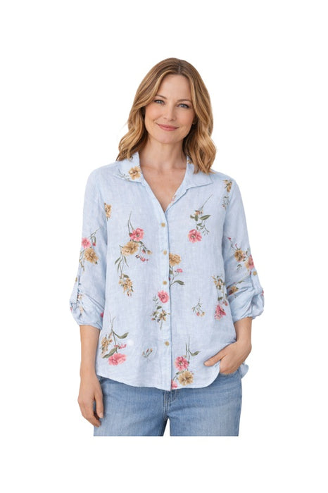 Linen blouse long sleeve light blue floral red/yellow/green - One Size