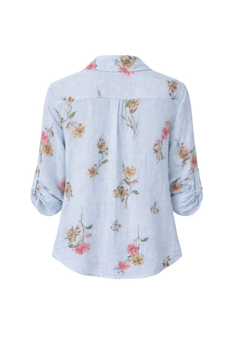 Linen blouse long sleeve light blue floral red/yellow/green - One Size