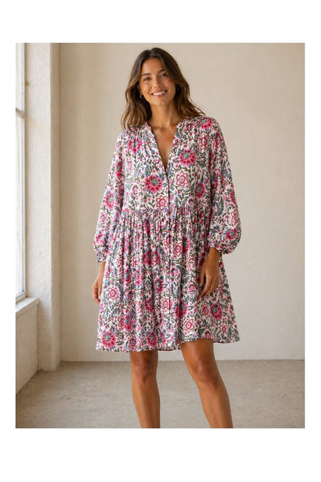 Dress long sleeve short cotton white/red/green/multicolor - One Size