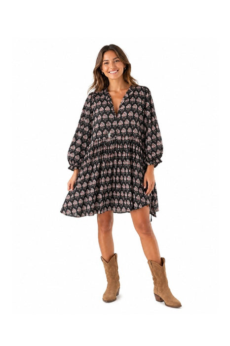 Dress long-sleeve short cotton black/salmon red/multicolor - One Size