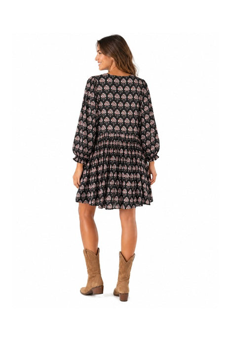 Dress long-sleeve short cotton black/salmon red/multicolor - One Size