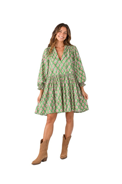 Kleid langarm kurz Baumwolle grün/rosa/multicolor - One Size