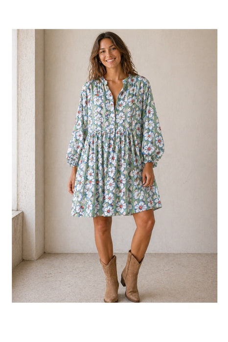 Dress long sleeve short cotton mint/white/red/multicolor - One Size