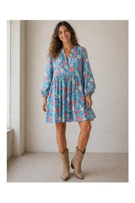 Dress long sleeve short cotton turquoise/yellow/red/purple/multicolor - One Size