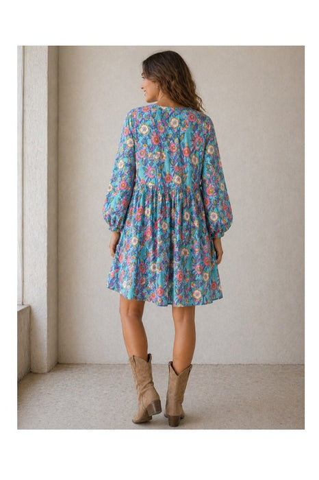 Dress long sleeve short cotton turquoise/yellow/red/purple/multicolor - One Size