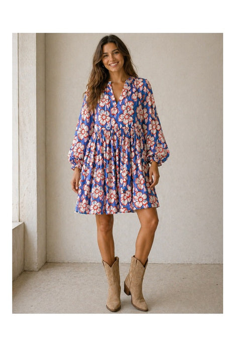Dress long sleeve short cotton blue/beige/red/multicolor - One Size