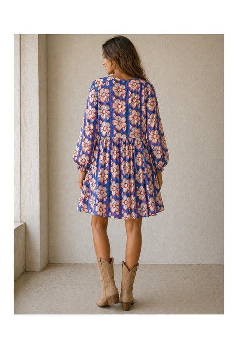 Dress long sleeve short cotton blue/beige/red/multicolor - One Size