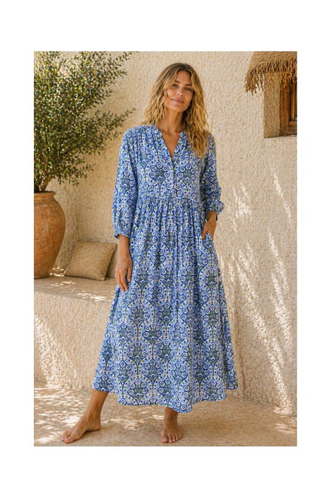 Kleid lang Baumwolle blau/grün/weiss/multicolor - One Size
