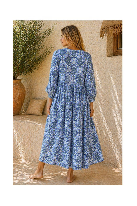 Kleid lang Baumwolle blau/grün/weiss/multicolor - One Size