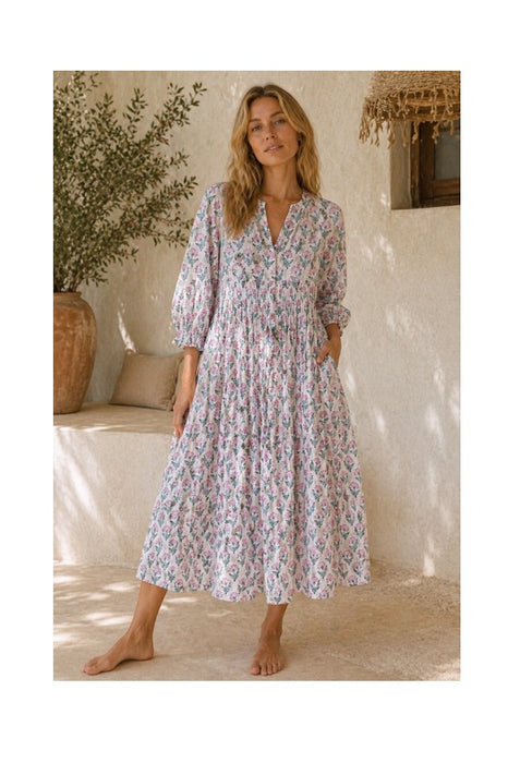 Dress long cotton white/pink/petrol/multicolor - One Size