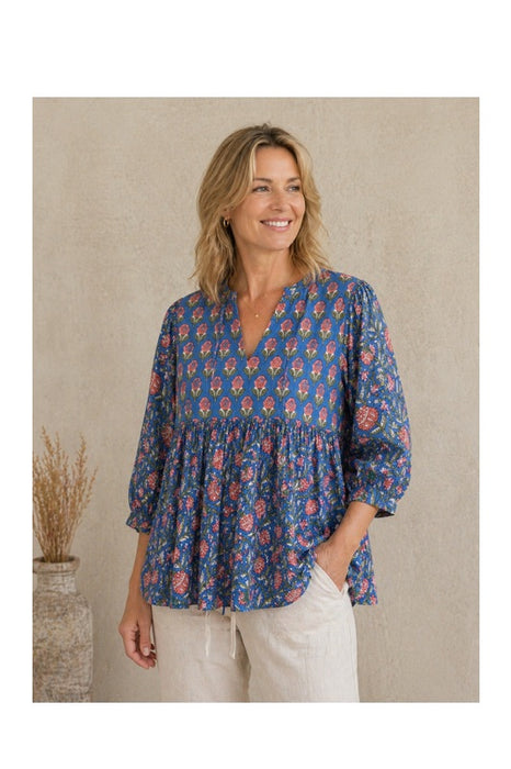 Bluse Baumwolle weit blau/orange/grün/multicolor - One Size