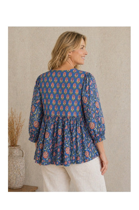 Bluse Baumwolle weit blau/orange/grün/multicolor - One Size