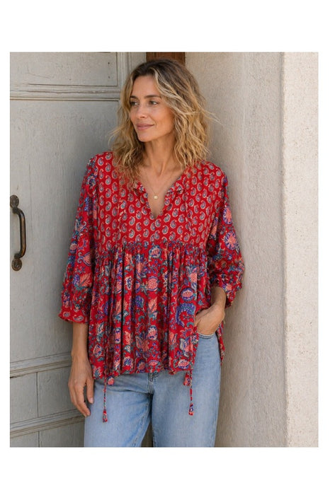 Bluse Baumwolle weit rot/blau/beige/multicolor - One Size