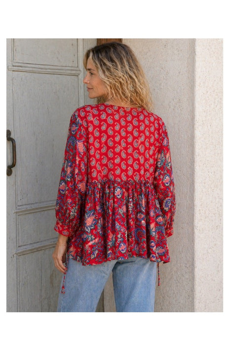 Bluse Baumwolle weit rot/blau/beige/multicolor - One Size