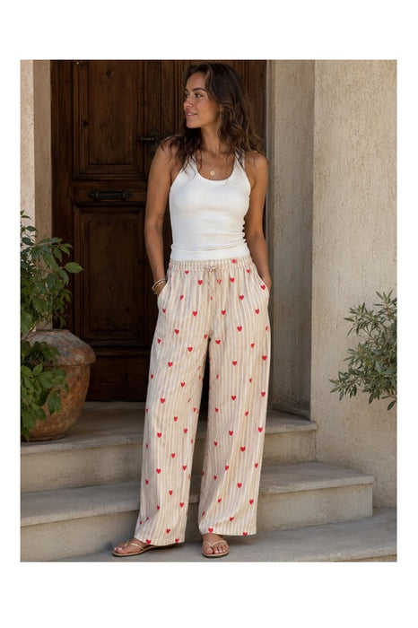 Hose Baumwolle weiss/beige/rot mit Herzen - One Size