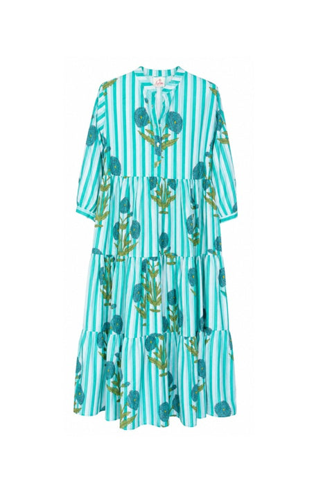 Cotton Striped Floral Maxi Dress Green/White/Multicolor - One Size