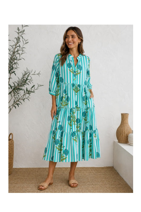 Cotton Striped Floral Maxi Dress Green/White/Multicolor - One Size