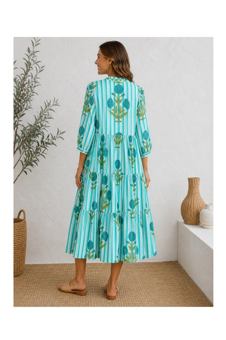 Cotton Striped Floral Maxi Dress Green/White/Multicolor - One Size