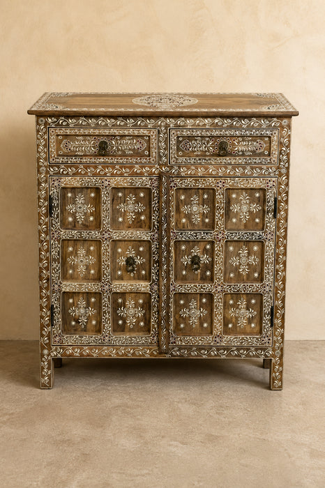 Kommode Mangoholz 2 Türen verziert mit Leisten und 2 Schubladen 85x35x85cm