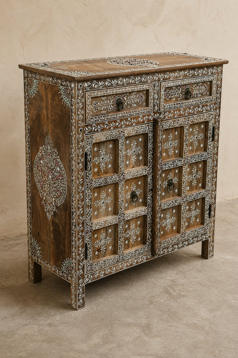Kommode Mangoholz 2 Türen verziert mit Leisten und 2 Schubladen 85x35x85cm