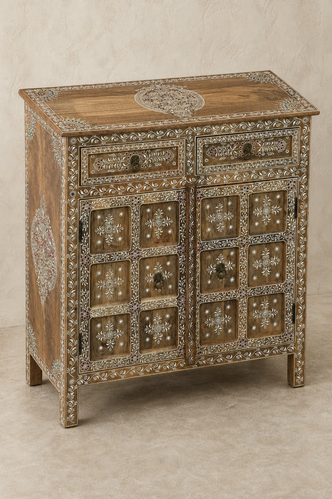 Kommode Mangoholz 2 Türen verziert mit Leisten und 2 Schubladen 85x35x85cm