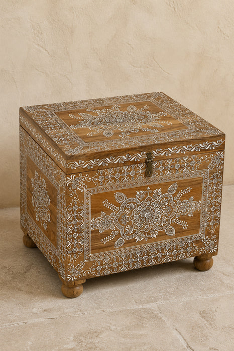 Truhe Mangoholz bemalt 46.25x38.75x41.25cm
