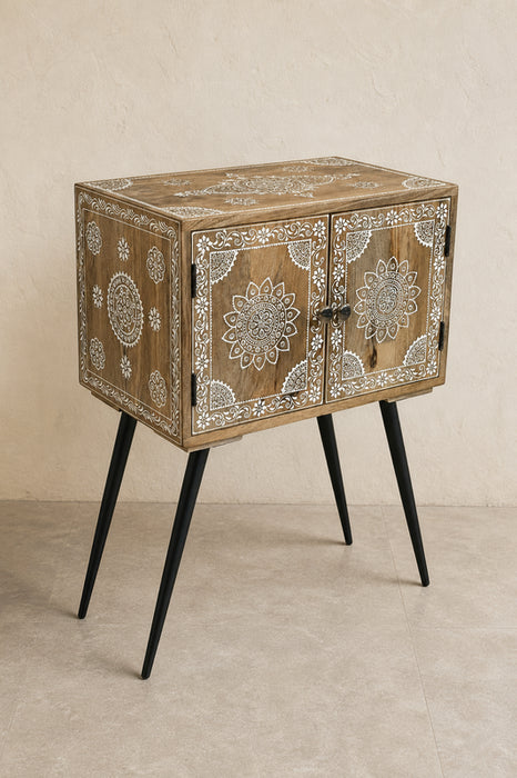 Kommode Mangoholz mit hohen schwarzen Beinen 2 Türen weiss bemalt 55x35x35cm