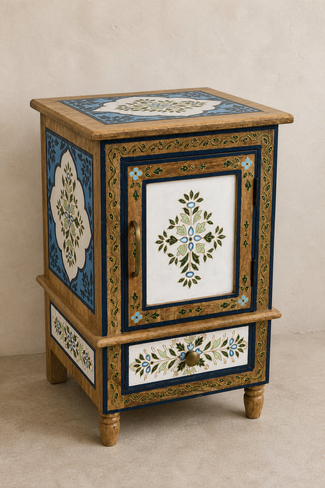 Nachttisch Mangoholz 1 Türe und 1 Schublade weiss/blau 40.5x30x60cm