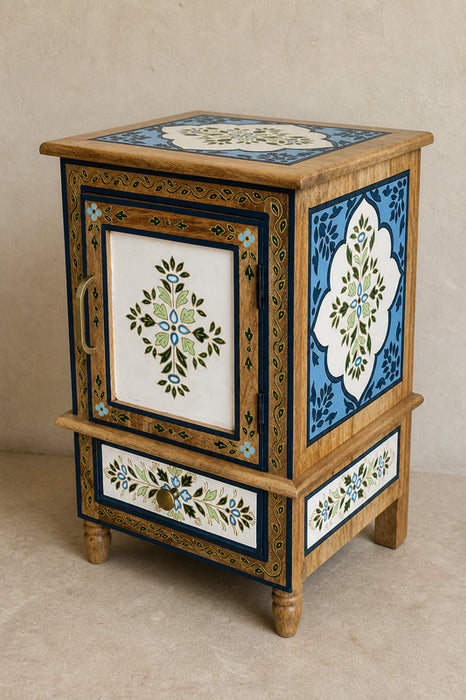 Nachttisch Mangoholz 1 Türe und 1 Schublade weiss/blau 40.5x30x60cm