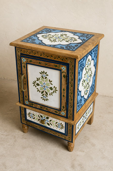 Nachttisch Mangoholz 1 Türe und 1 Schublade weiss/blau 40.5x30x60cm