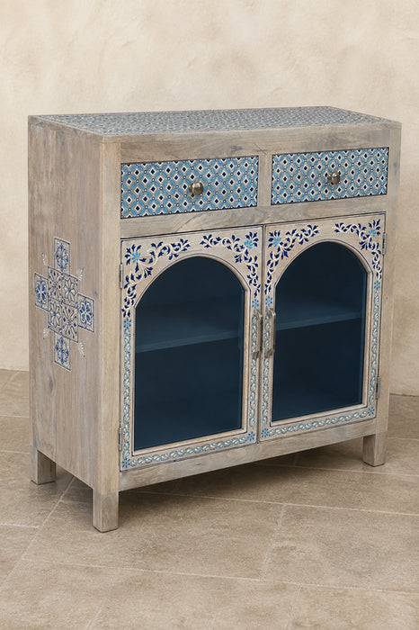 Kommode Mangoholz 2 Türen mit Glasbogen und 2 Schubladen 85x35x85cm