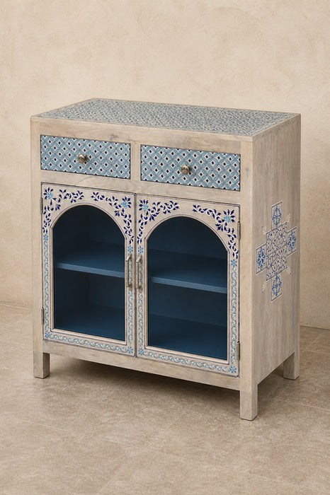 Kommode Mangoholz 2 Türen mit Glasbogen und 2 Schubladen 85x35x85cm