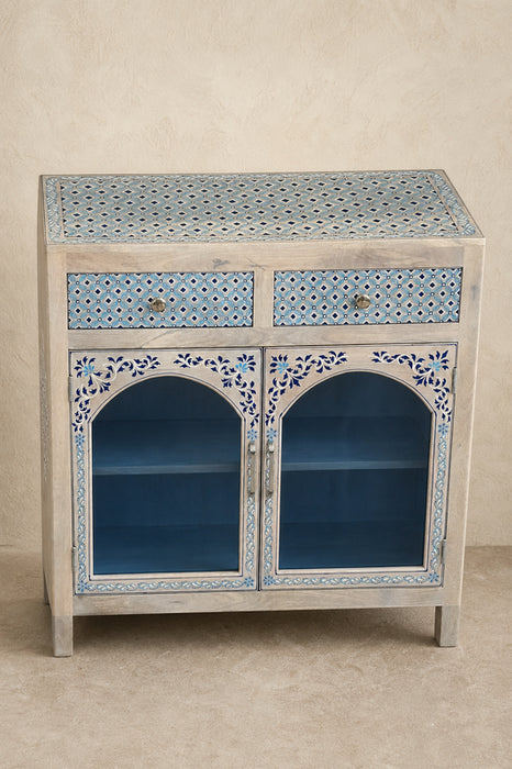 Kommode Mangoholz 2 Türen mit Glasbogen und 2 Schubladen 85x35x85cm