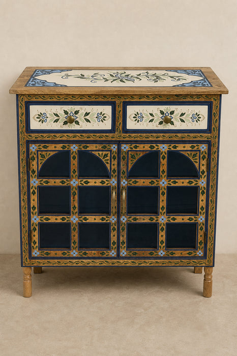 Kommode Mangoholz 2 Türen mit Glas und 2 Schubladen weiss/blau 85x35x85cm