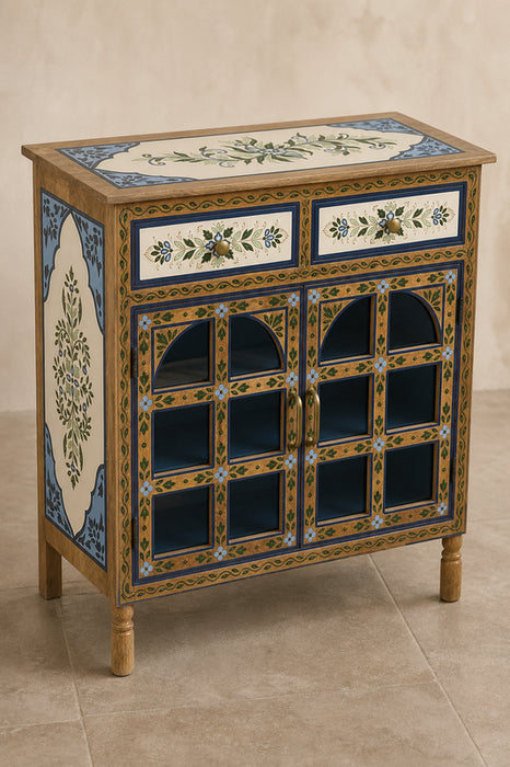 Kommode Mangoholz 2 Türen mit Glas und 2 Schubladen weiss/blau 85x35x85cm