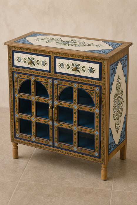 Kommode Mangoholz 2 Türen mit Glas und 2 Schubladen weiss/blau 85x35x85cm