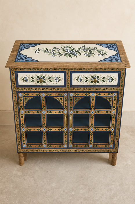 Kommode Mangoholz 2 Türen mit Glas und 2 Schubladen weiss/blau 85x35x85cm
