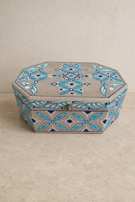 Dekobox Mangoholz sechseckig blau bemalt 25x16.25x10cm