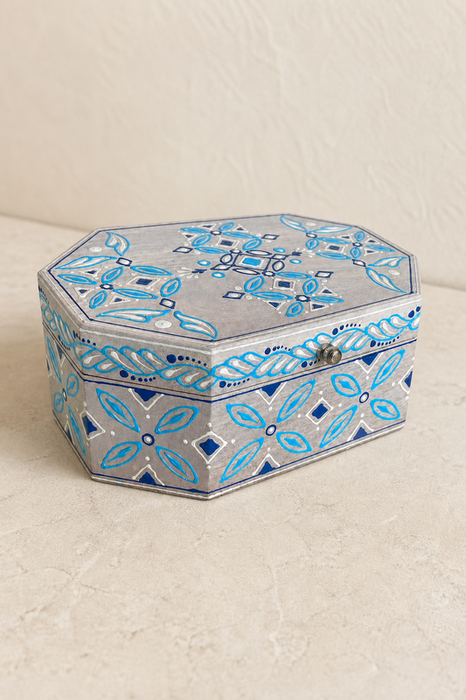 Dekobox Mangoholz sechseckig blau bemalt 25x16.25x10cm