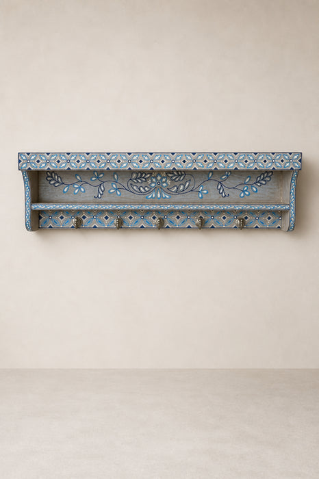 Garderobe Mangoholz blau bemalt mit Haken 62.5x12.5x17.5cm