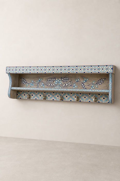 Garderobe Mangoholz blau bemalt mit Haken 62.5x12.5x17.5cm