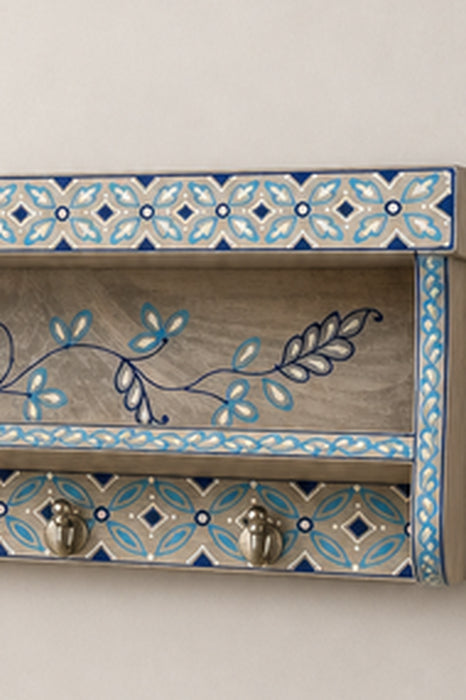 Garderobe Mangoholz blau bemalt mit Haken 62.5x12.5x17.5cm