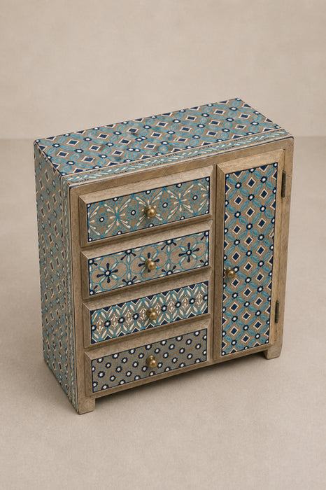 Schmuckschatulle Mangoholz blau bemalt 4 Schubladen und 1 Türe 27.5x12.5x28cm