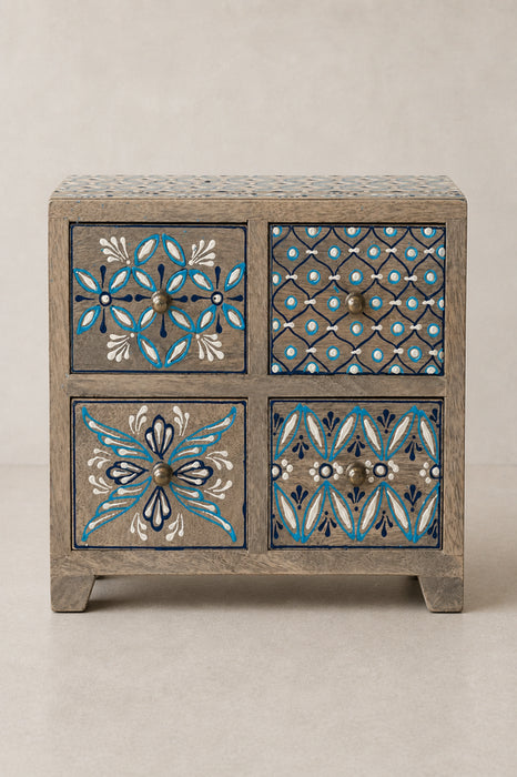 Dekokommode Mangoholz blau bemalt 4 Schubladen 23x12x20cm