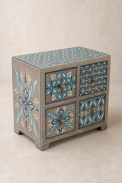 Dekokommode Mangoholz blau bemalt 4 Schubladen 23x12x20cm