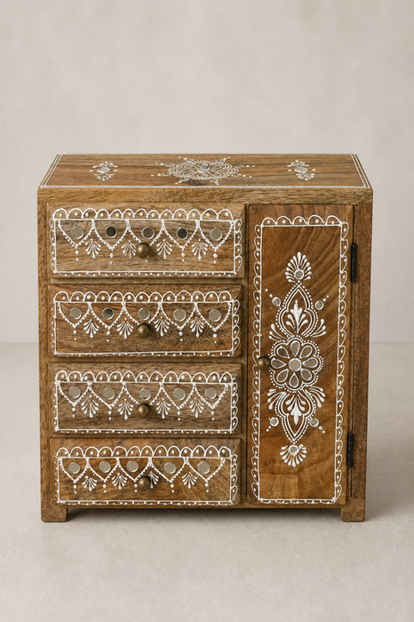 Boîte à bijoux en bois de manguier peint en blanc 4 tiroirs et 1 porte 27,5x12,5x28cm