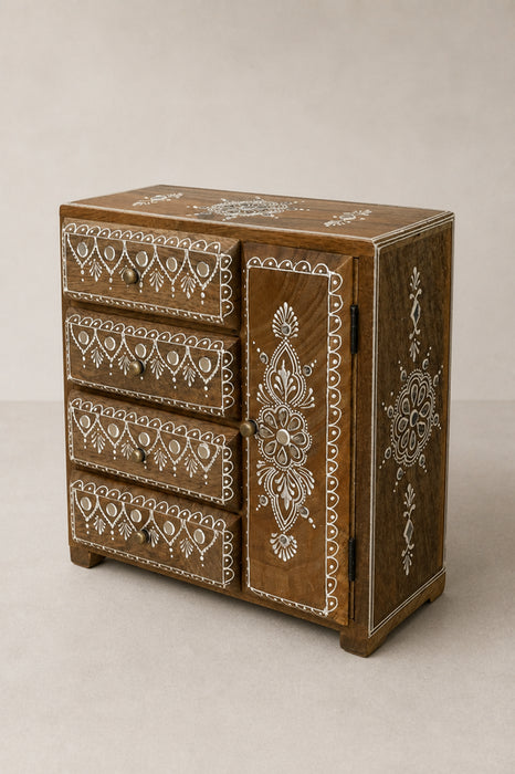 Boîte à bijoux en bois de manguier peint en blanc 4 tiroirs et 1 porte 27,5x12,5x28cm